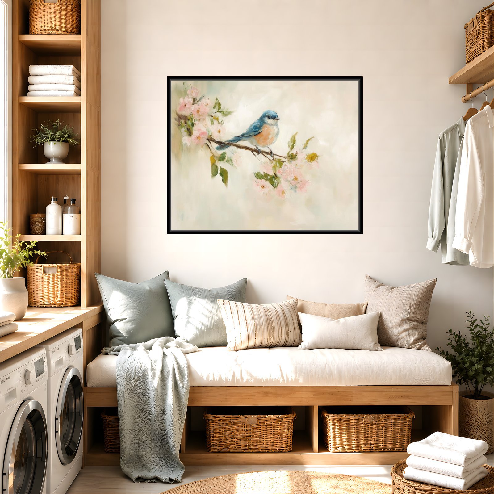Bluebird artwork with a frame variation in a Scandinavian laundry room